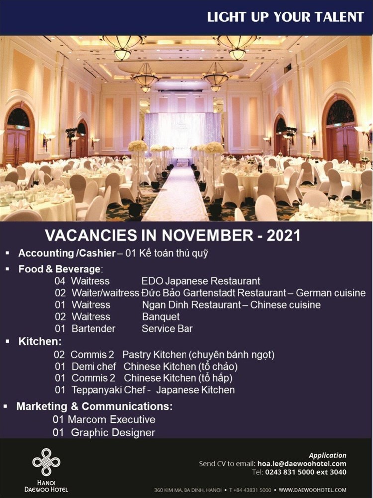 Cơ hội nghề nghiệp tại Khách sạn Hà Nội Daewoo tháng 11/2021