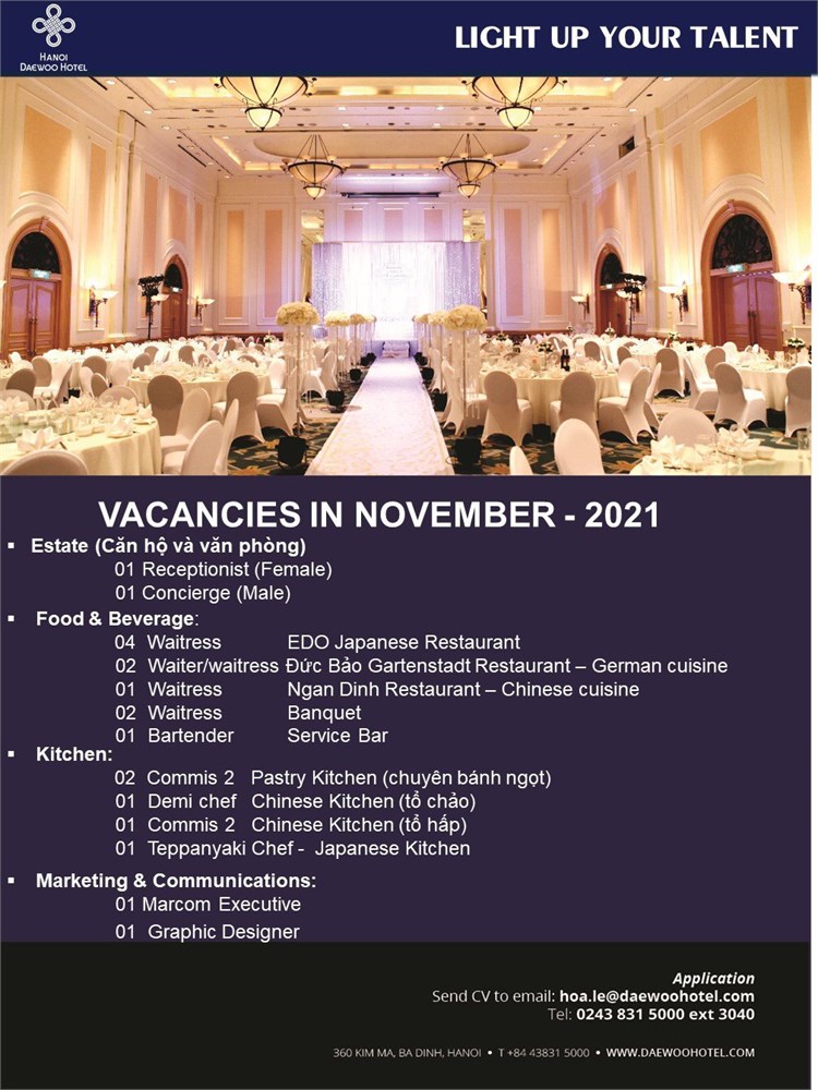 Khách sạn Daewoo tuyển dụng tháng 11/2021
